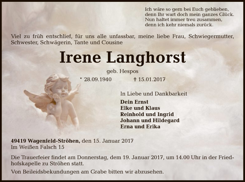  Traueranzeige für Irene Langhorst vom 17.01.2017 aus SYK