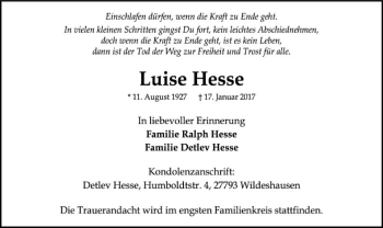 Traueranzeige von Luise Hesse von SYK