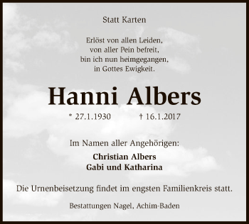 Traueranzeige von Hanni Albers von SYK