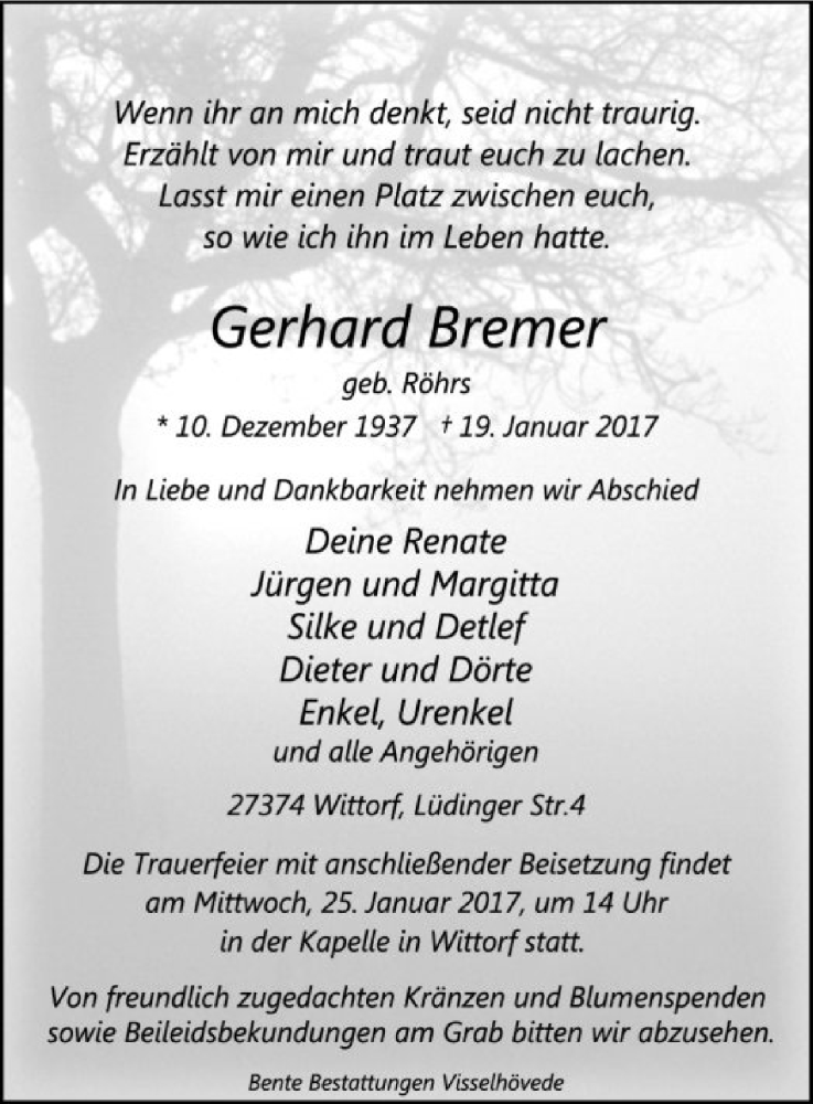  Traueranzeige für Gerhard Bremer vom 23.01.2017 aus SYK