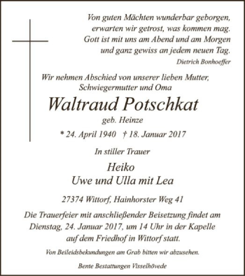 Traueranzeige von Waltraud Potschkat von SYK