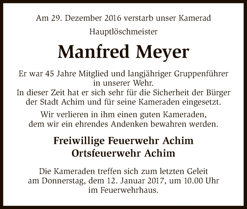 Traueranzeige für Manfred Meyer vom 07.01.2017 aus SYK