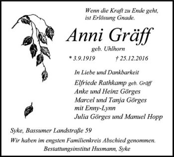 Traueranzeige von Anni Gräff von SYK