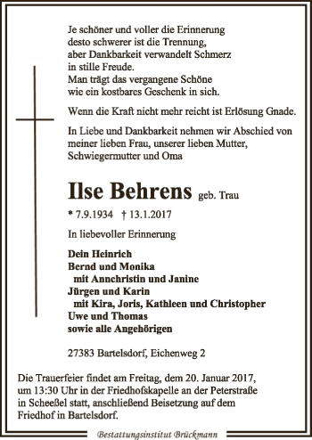 Traueranzeige von Ilse Behrens von SYK