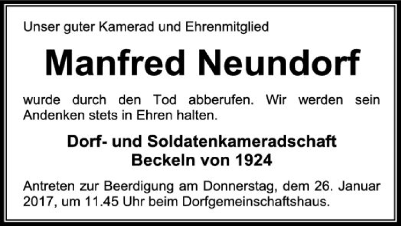  Traueranzeige für Manfred  Neundorf vom 21.01.2017 aus SYK