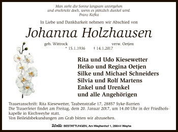 Traueranzeige von Johanna Holzhausen von SYK