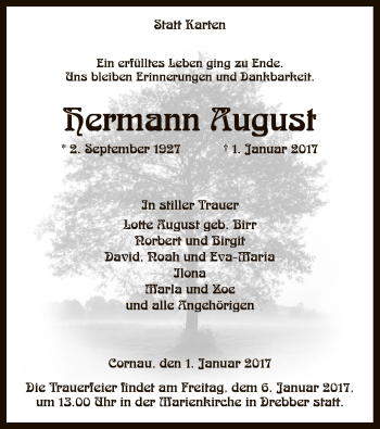 Traueranzeige von Hermann August von SYK