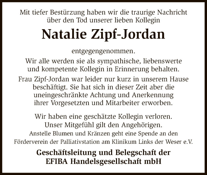  Traueranzeige für Natalie Zipf-Jordan vom 20.01.2017 aus SYK