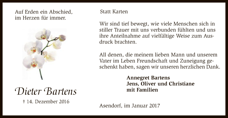  Traueranzeige für Dieter Bartens vom 28.01.2017 aus SYK