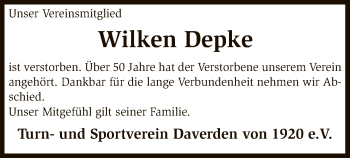 Traueranzeige von Wilken Depke von SYK