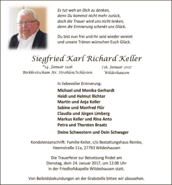 Traueranzeige von Siegfried Karl Richar Keller von SYK