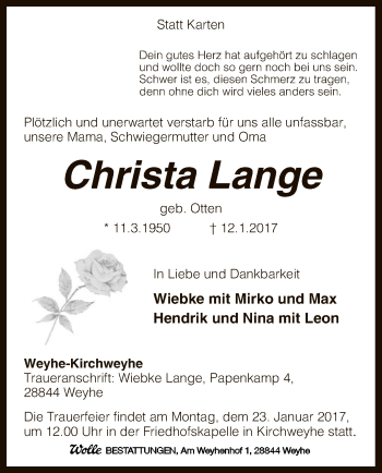 Traueranzeige von Christa Lange von SYK