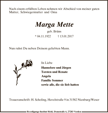 Traueranzeige von Marga Mette von SYK