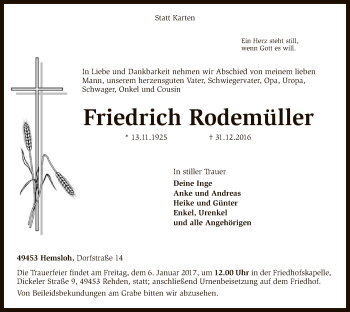 Traueranzeige von Friedrich Rodemüller von SYK