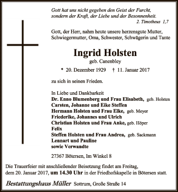 Traueranzeige von Ingrid Holsten von SYK