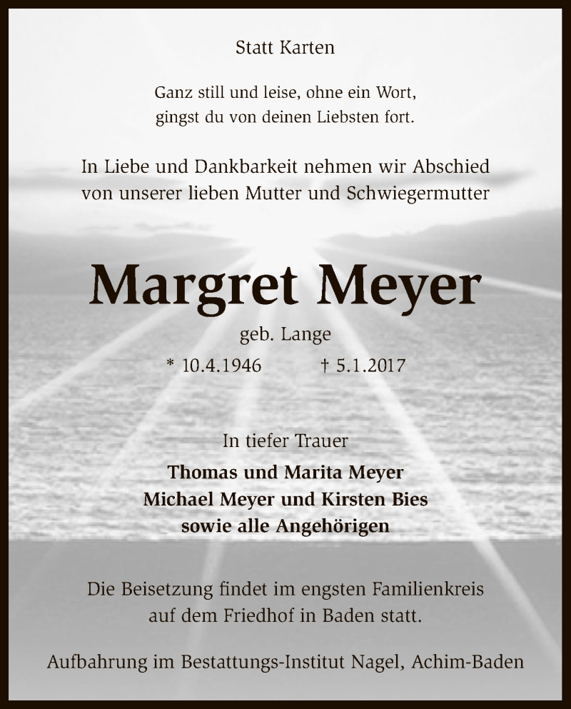  Traueranzeige für Margret Meyer vom 10.01.2017 aus SYK