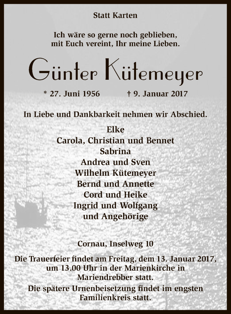  Traueranzeige für Günter Kütemeyer vom 11.01.2017 aus SYK