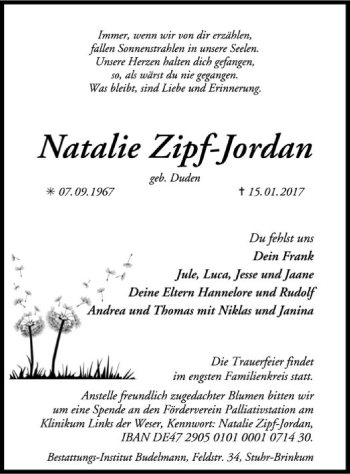 Traueranzeige von Natalie Zipf-Jordan von SYK