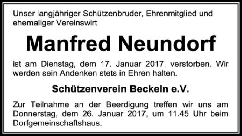  Traueranzeige für Manfred  Neundorf vom 21.01.2017 aus SYK