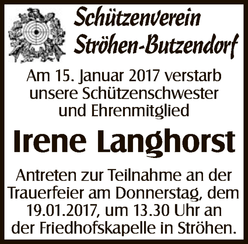 Traueranzeige für Irene Langhorst vom 18.01.2017 aus SYK