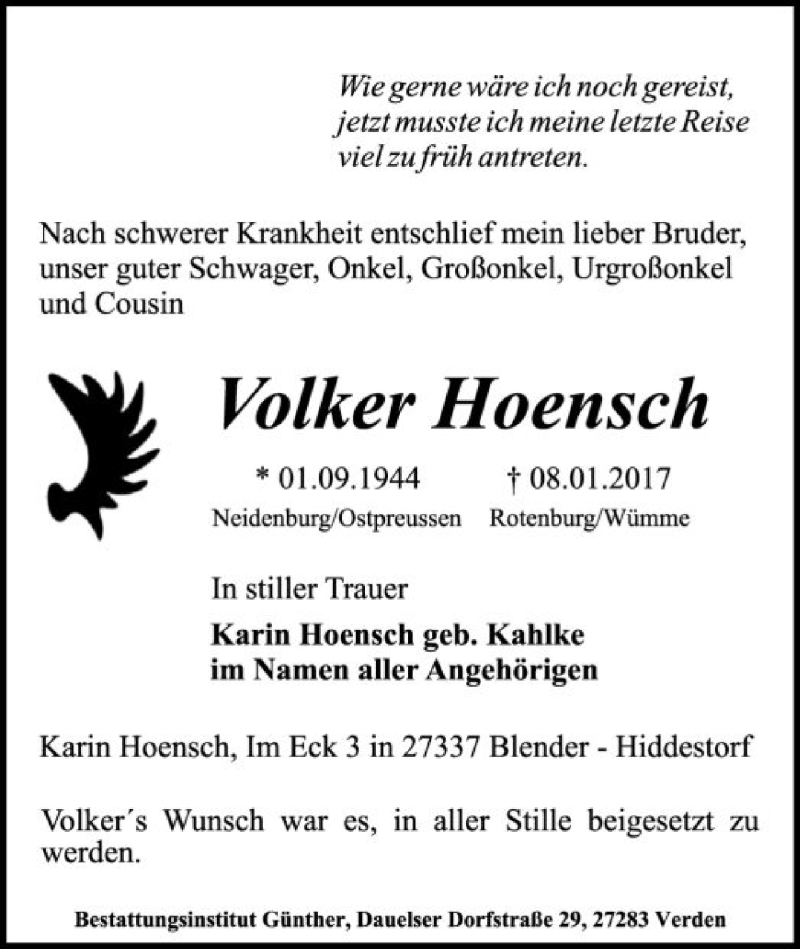  Traueranzeige für Volker Hoensch vom 13.01.2017 aus SYK