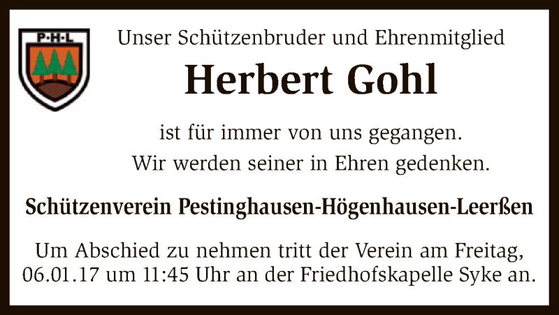  Traueranzeige für Herbert Gohl vom 02.01.2017 aus SYK