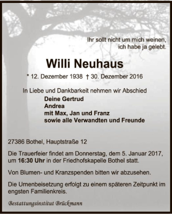 Traueranzeige von Willi Neuhaus von SYK