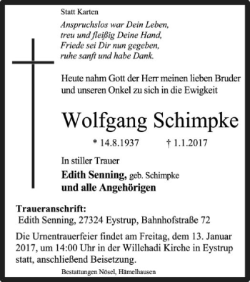 Traueranzeige von Wolfgang Schimpke von SYK