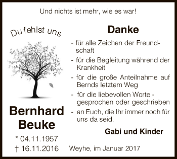 Traueranzeige von Bernhard Beuke von SYK