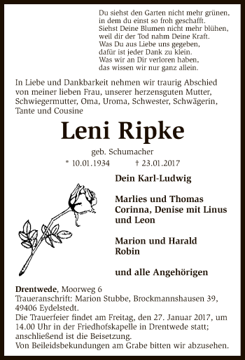 Traueranzeige von Leni Ripke von SYK