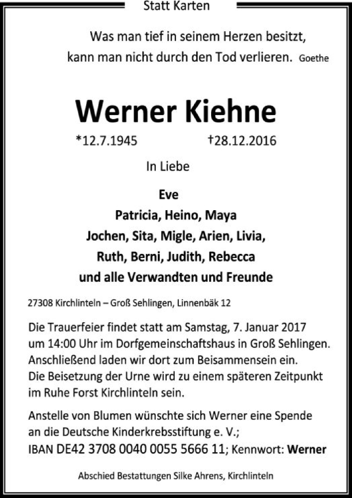  Traueranzeige für Werner Kiehne vom 03.01.2017 aus SYK