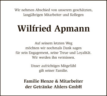 Traueranzeige von Wilfried Apmann von SYK