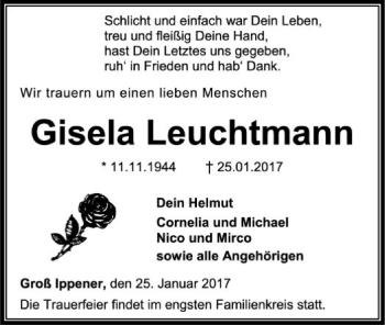 Traueranzeige von Gisela Leuchtmann von SYK