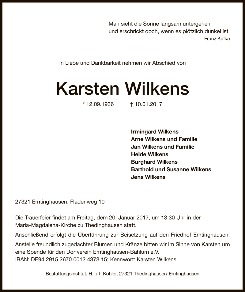  Traueranzeige für Karsten Wilkens vom 14.01.2017 aus SYK