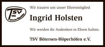 Traueranzeige von Ingrid Holsten von SYK