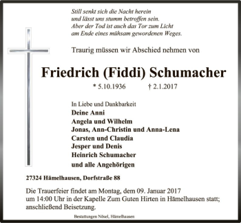 Traueranzeige von Friedrich Fiddi Schumacher von SYK