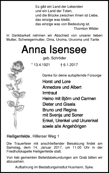 Traueranzeige von Anna Isensee von SYK