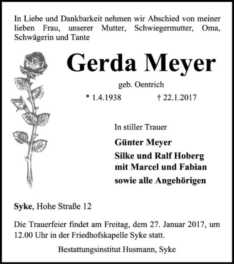  Traueranzeige für Gerda Meyer vom 25.01.2017 aus SYK