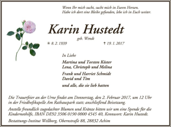 Traueranzeige von Karin Hustedt von SYK