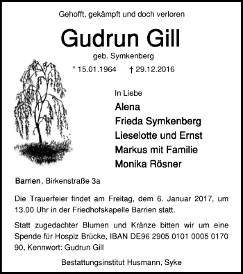 Traueranzeige von Gudrun Gill von SYK