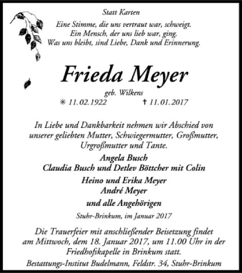 Traueranzeige von Frieda Meyer von SYK