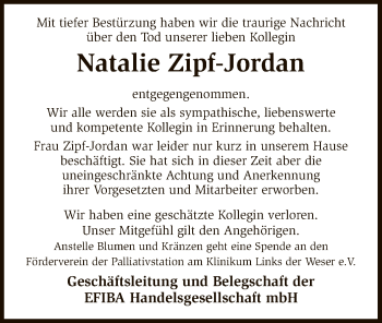 Traueranzeige von Natalie Zipf-Jordan von SYK