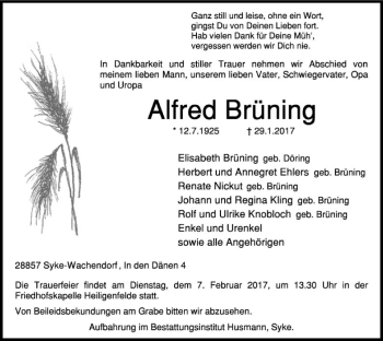 Traueranzeige von Alfred Brüning von SYK