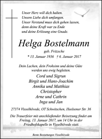 Traueranzeige von Helga Bostelmann von SYK