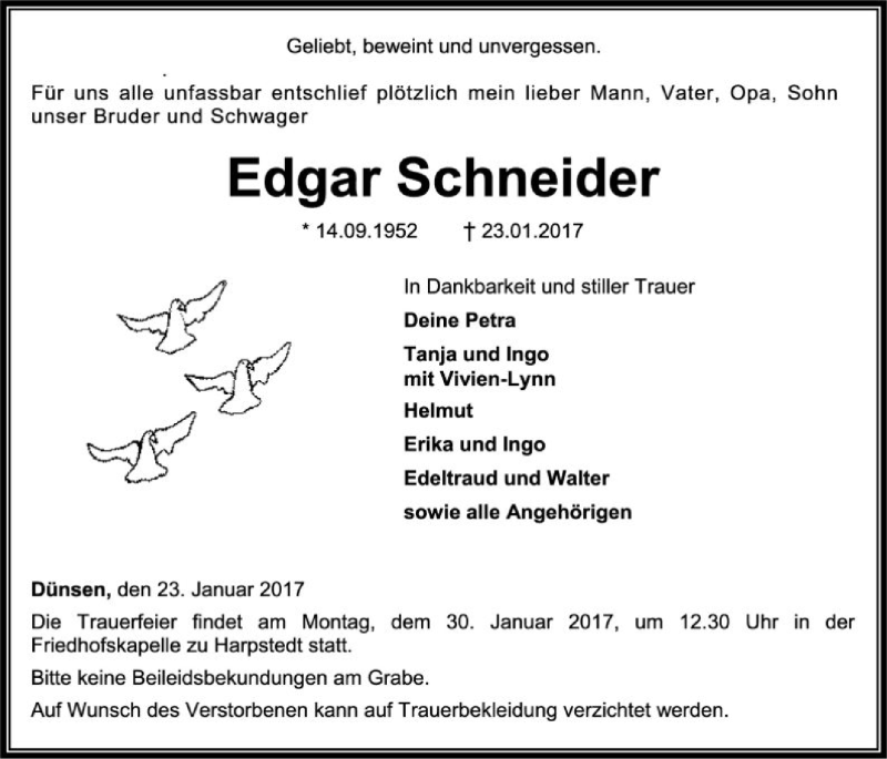  Traueranzeige für Edgar Schneider vom 25.01.2017 aus SYK