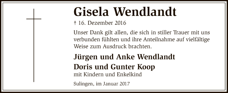  Traueranzeige für Gisela Wendlandt vom 21.01.2017 aus SYK