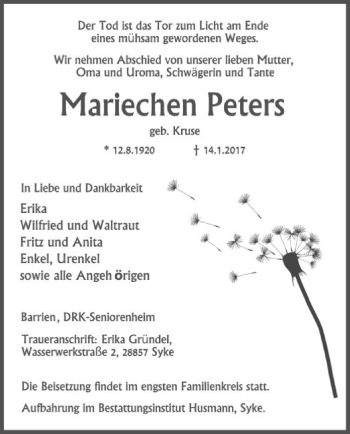 Traueranzeige von Mariechen Peters von SYK