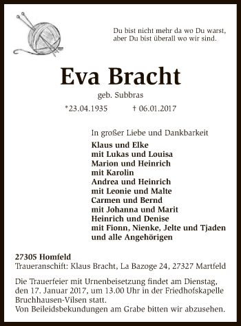 Traueranzeige von Eva Bracht von SYK