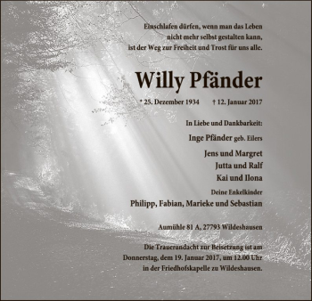 Traueranzeige von Willy Pfänder von SYK