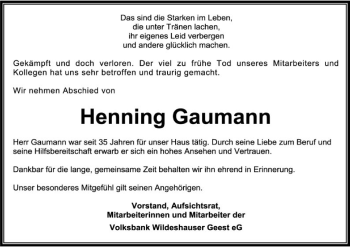 Traueranzeige von Henning Gaumann von SYK